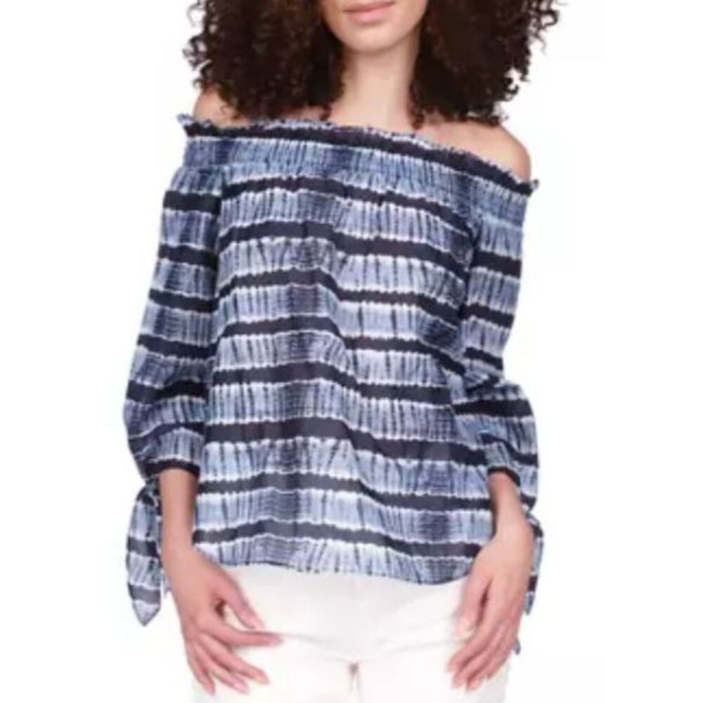 NWT Michael Kors Smocked Off-Shoulder Striped Top Size Small - Coastal Chic